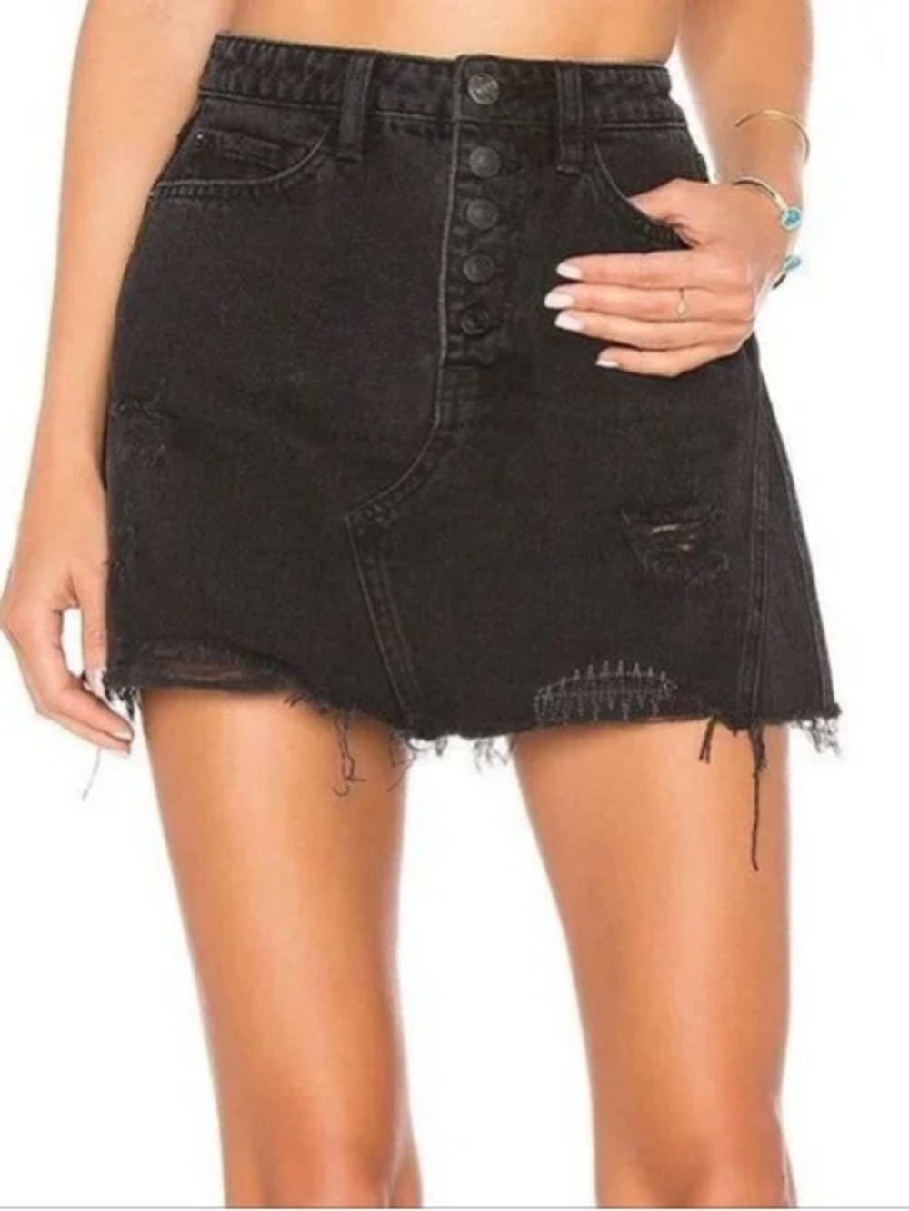 Free People We The Free Distressed Denim Mini Skirt Size 30 Black Button Fly